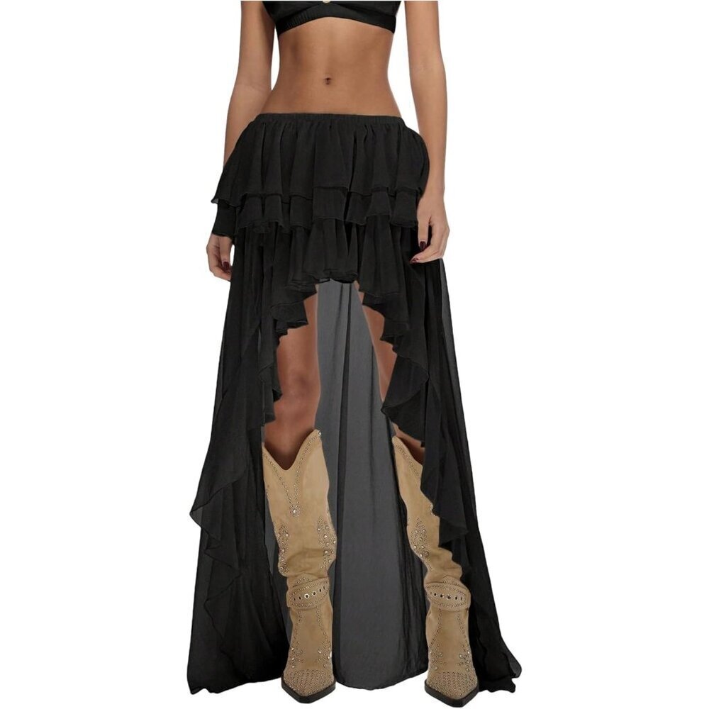Women's Black Boho Layered Ruffle Chiffon Elastic Western Asymmetrical Skirts